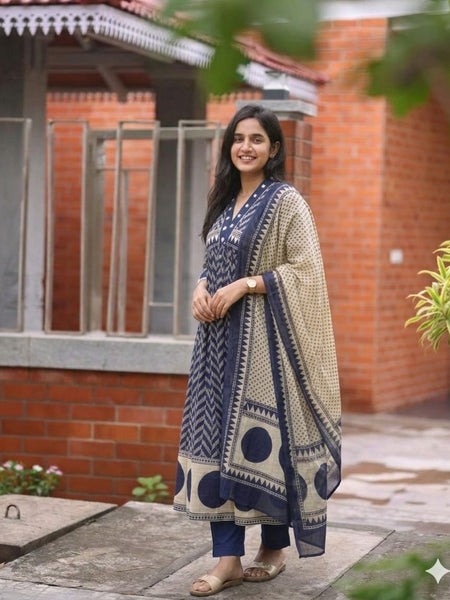 Women's Printed Cotton Anarkali Suit Set with Dupatta