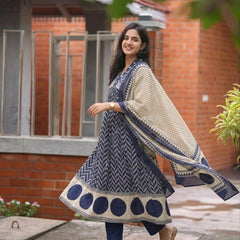Women's Printed Cotton Anarkali Suit Set with Dupatta