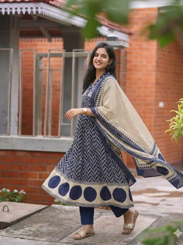 Women's Printed Cotton Anarkali Suit Set with Dupatta