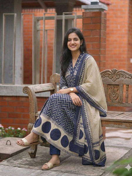 Women's Printed Cotton Anarkali Suit Set with Dupatta
