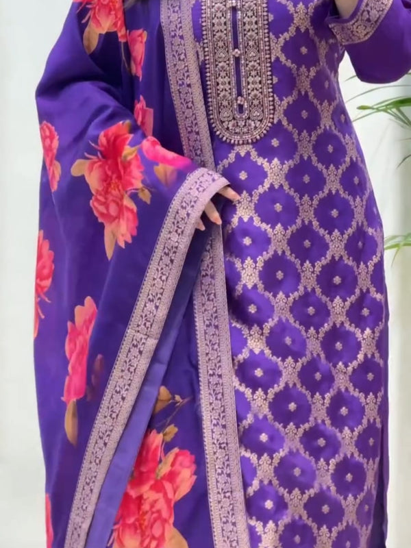 Elegant Purple Kurta Set with Floral Dupatta