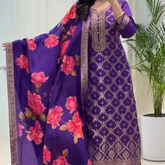 Elegant Purple Kurta Set with Floral Dupatta