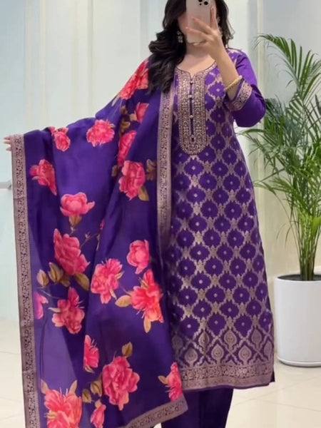 Elegant Purple Kurta Set with Floral Dupatta
