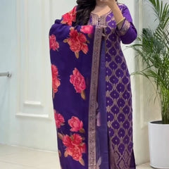 Elegant Purple Kurta Set with Floral Dupatta