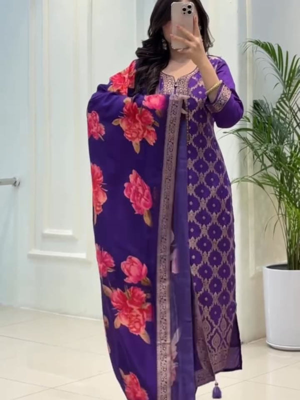 Elegant Purple Kurta Set with Floral Dupatta