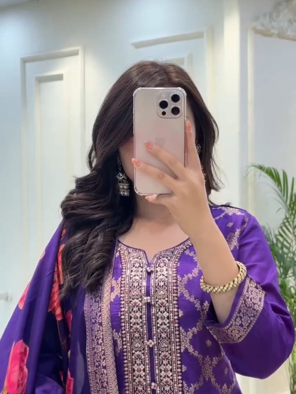 Elegant Purple Kurta Set with Floral Dupatta