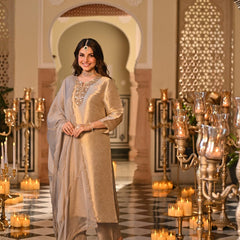 Champagne Gold Embroidered Straight Kurta Set With Dupatta