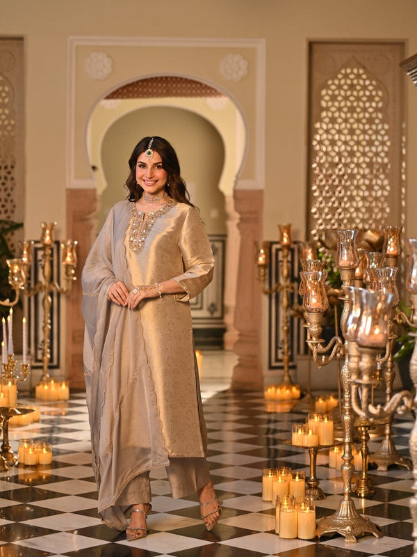 Champagne Gold Embroidered Straight Kurta Set With Dupatta