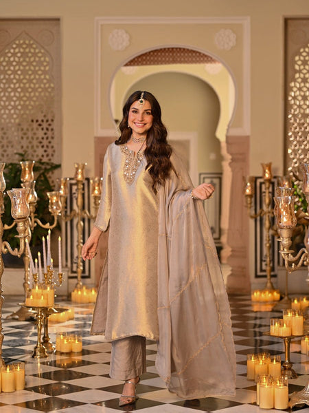 Champagne Gold Embroidered Straight Kurta Set With Dupatta