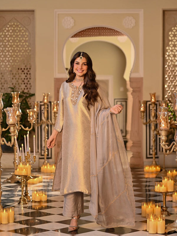Champagne Gold Embroidered Straight Kurta Set With Dupatta