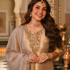 Champagne Gold Embroidered Straight Kurta Set With Dupatta