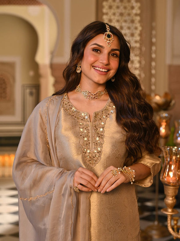 Champagne Gold Embroidered Straight Kurta Set With Dupatta