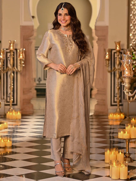 Champagne Gold Embroidered Straight Kurta Set With Dupatta