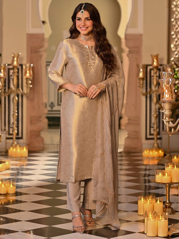 Champagne Gold Embroidered Straight Kurta Set With Dupatta