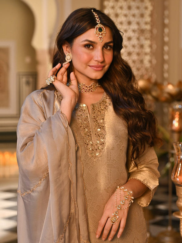 Champagne Gold Embroidered Straight Kurta Set With Dupatta