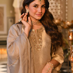 Champagne Gold Embroidered Straight Kurta Set With Dupatta