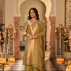 Champagne Gold Embroidered Straight Kurta Set With Dupatta