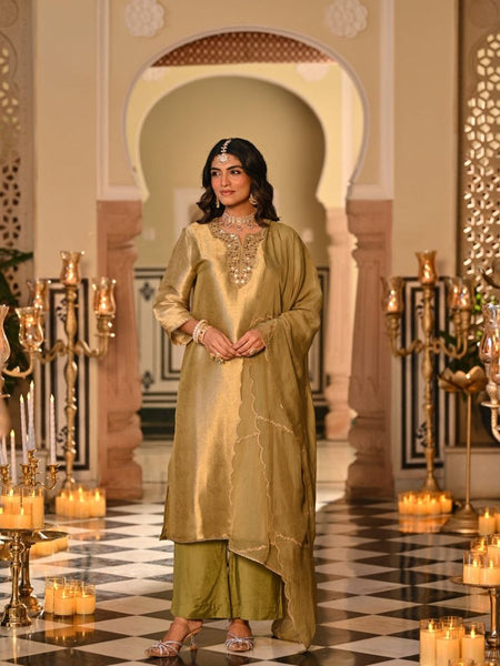 Champagne Yellow Embroidered Straight Kurta Set With Dupatta