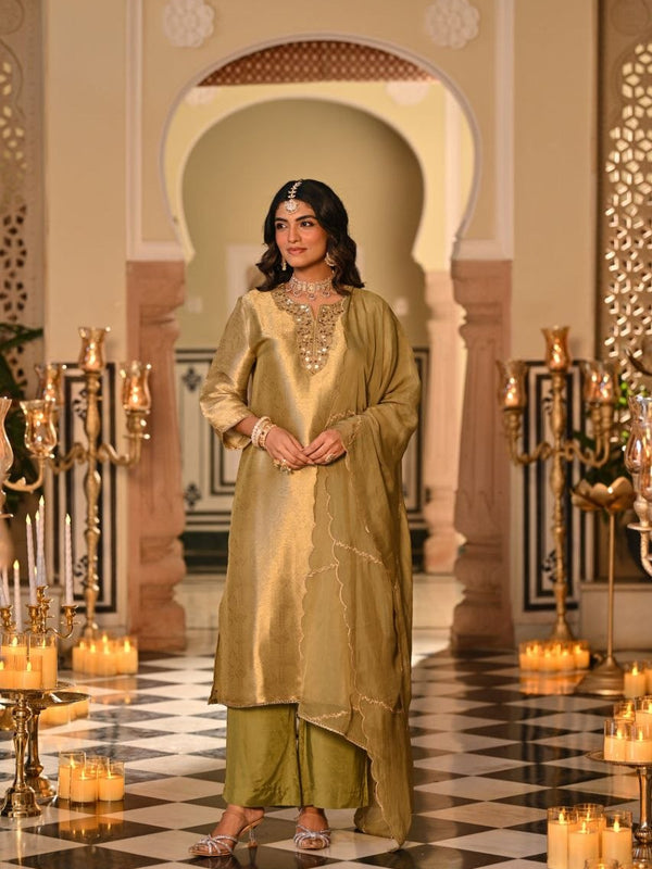 Champagne Gold Embroidered Straight Kurta Set With Dupatta