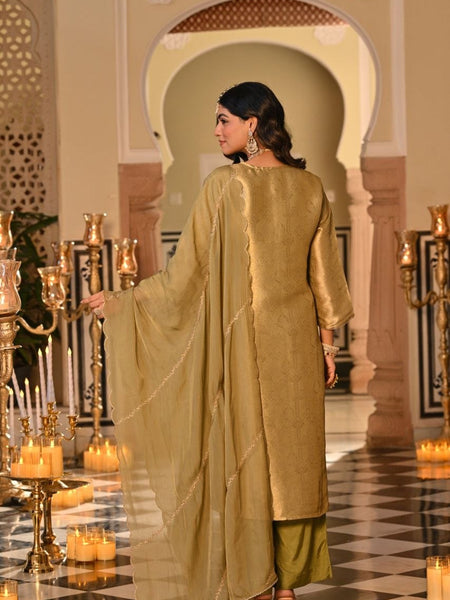 Champagne Yellow Embroidered Straight Kurta Set With Dupatta