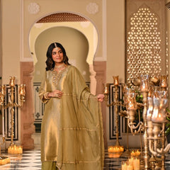 Champagne Gold Embroidered Straight Kurta Set With Dupatta