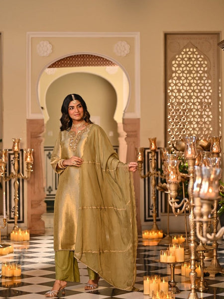 Champagne Yellow Embroidered Straight Kurta Set With Dupatta