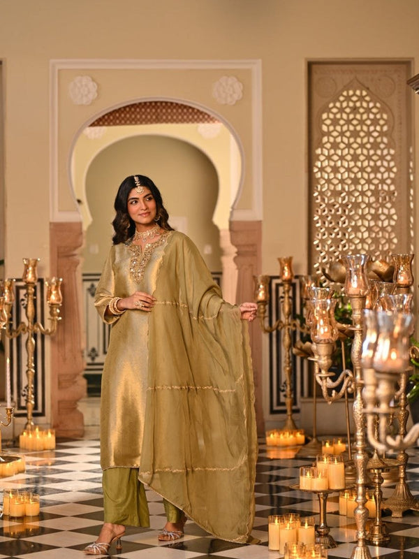 Champagne Gold Embroidered Straight Kurta Set With Dupatta