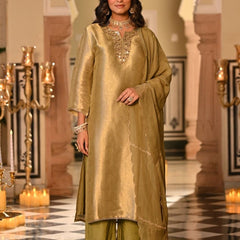 Champagne Gold Embroidered Straight Kurta Set With Dupatta