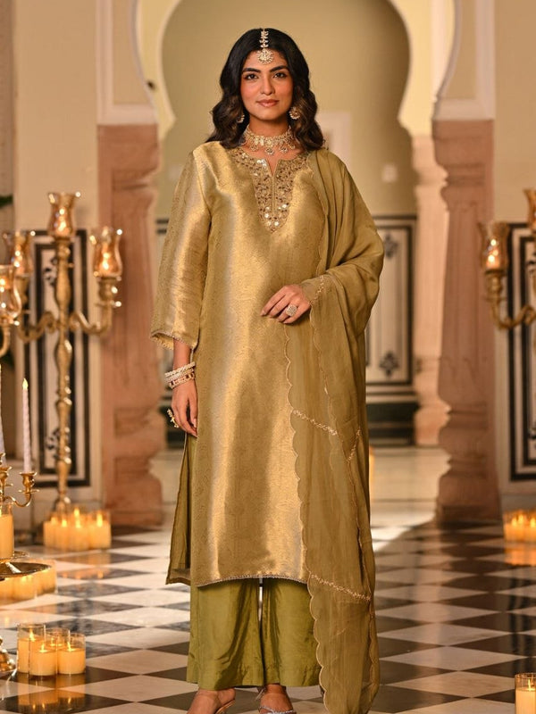 Champagne Gold Embroidered Straight Kurta Set With Dupatta