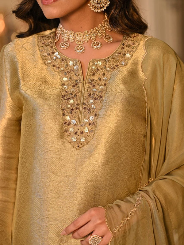 Champagne Gold Embroidered Straight Kurta Set With Dupatta