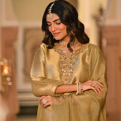 Champagne Gold Embroidered Straight Kurta Set With Dupatta