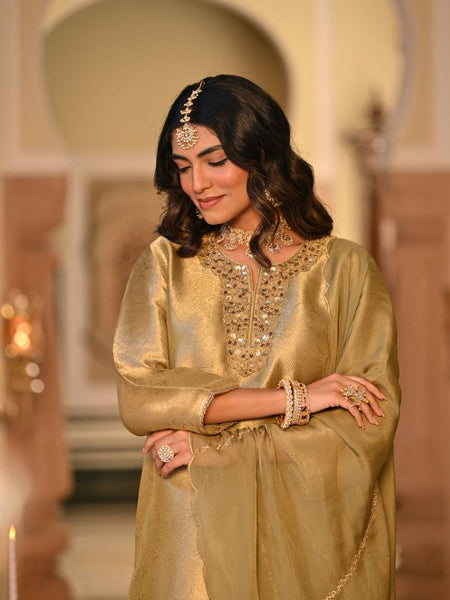 Champagne Yellow Embroidered Straight Kurta Set With Dupatta