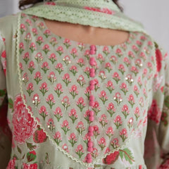 Mint Green Floral Printed Anarkali Kurta Set with Dupatta for Women