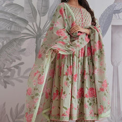 Mint Green Floral Printed Anarkali Kurta Set with Dupatta for Women