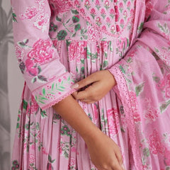 Mint Green Floral Printed Anarkali Kurta Set with Dupatta for Women