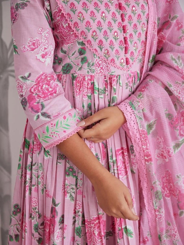 Mint Green Floral Printed Anarkali Kurta Set with Dupatta for Women