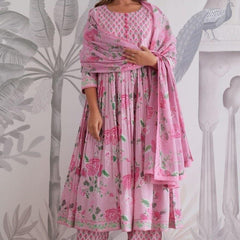 Mint Green Floral Printed Anarkali Kurta Set with Dupatta for Women
