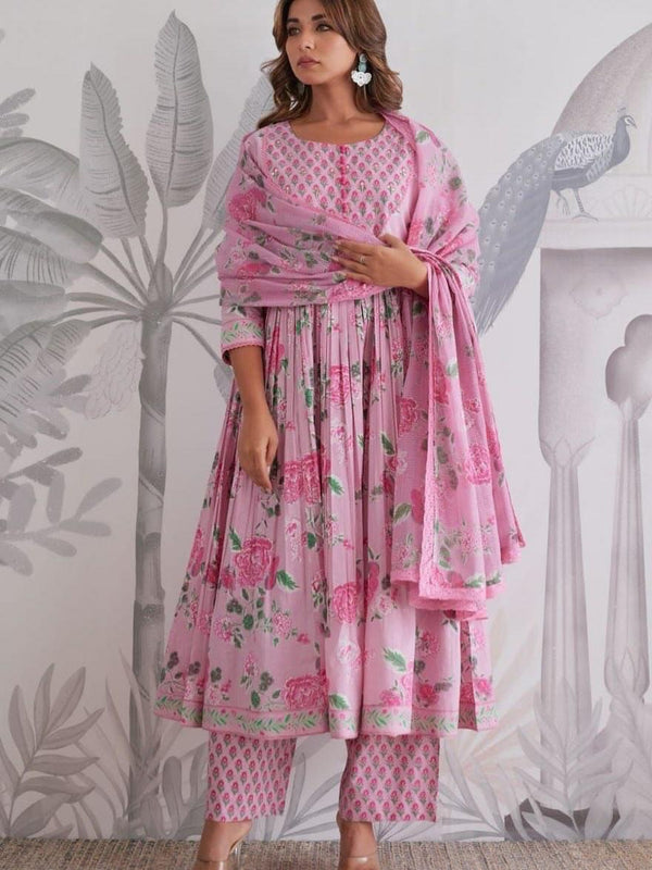 Mint Green Floral Printed Anarkali Kurta Set with Dupatta for Women
