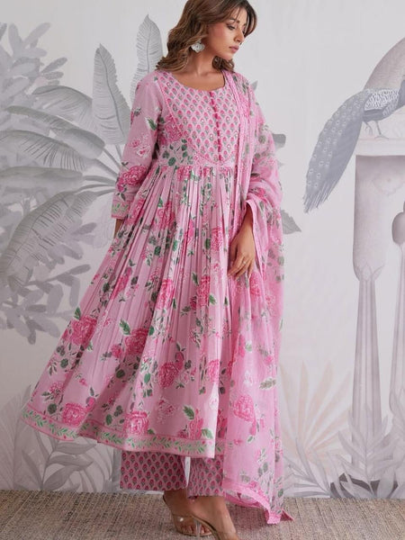 Pink Floral Printed Anarkali Kurta Set with Dupatta for Women