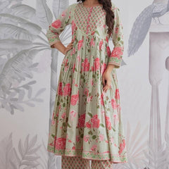 Mint Green Floral Printed Anarkali Kurta Set with Dupatta for Women