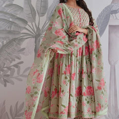 Mint Green Floral Printed Anarkali Kurta Set with Dupatta for Women