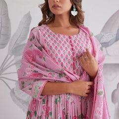 Mint Green Floral Printed Anarkali Kurta Set with Dupatta for Women