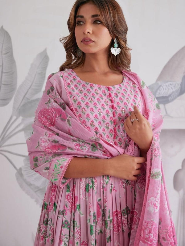 Mint Green Floral Printed Anarkali Kurta Set with Dupatta for Women
