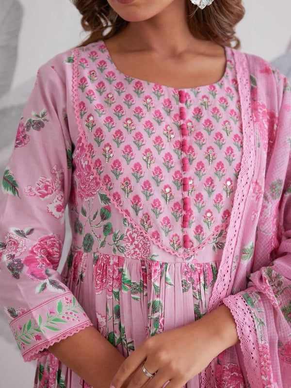 Mint Green Floral Printed Anarkali Kurta Set with Dupatta for Women