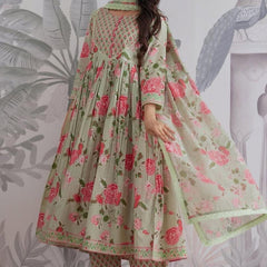 Mint Green Floral Printed Anarkali Kurta Set with Dupatta for Women