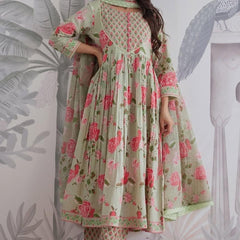 Mint Green Floral Printed Anarkali Kurta Set with Dupatta for Women