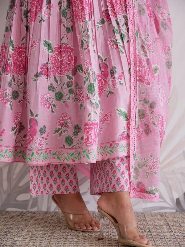 Mint Green Floral Printed Anarkali Kurta Set with Dupatta for Women