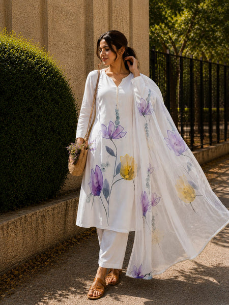 Ivory Bloom Floral Printed Kurta Set with Dupatta