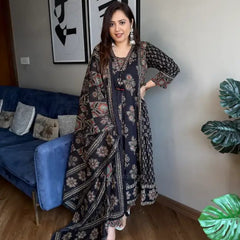 Midnight Elegance Floral Printed Cotton Kurta Set with Dupatta for Women