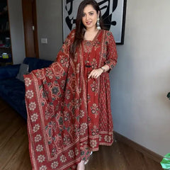 Midnight Elegance Floral Printed Cotton Kurta Set with Dupatta for Women
